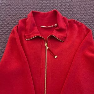 Red zip up sweater with gold trim